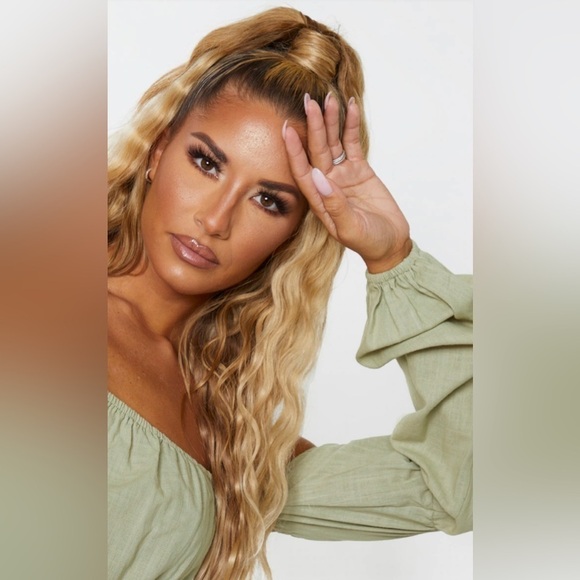 NWT Pretty Little Thing Pale Khaki Linen Look Bardot Puff Sleeve Beach Top - Picture 3 of 5